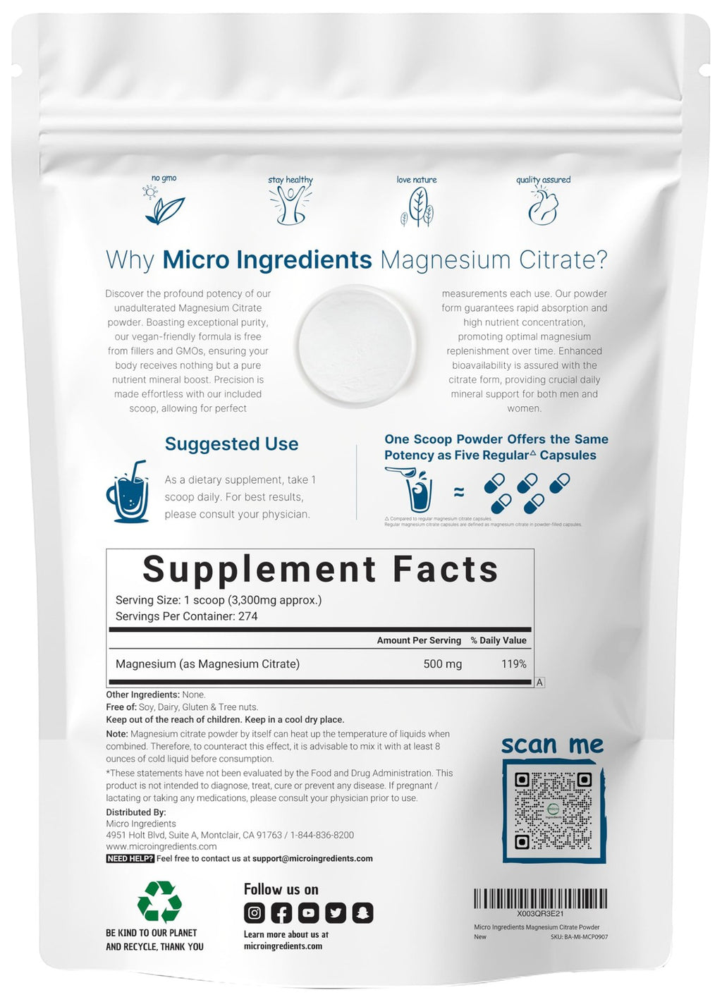 Pure Magnesium Citrate Powder (Citrato De Magnesio En Polvo), 2 Pounds