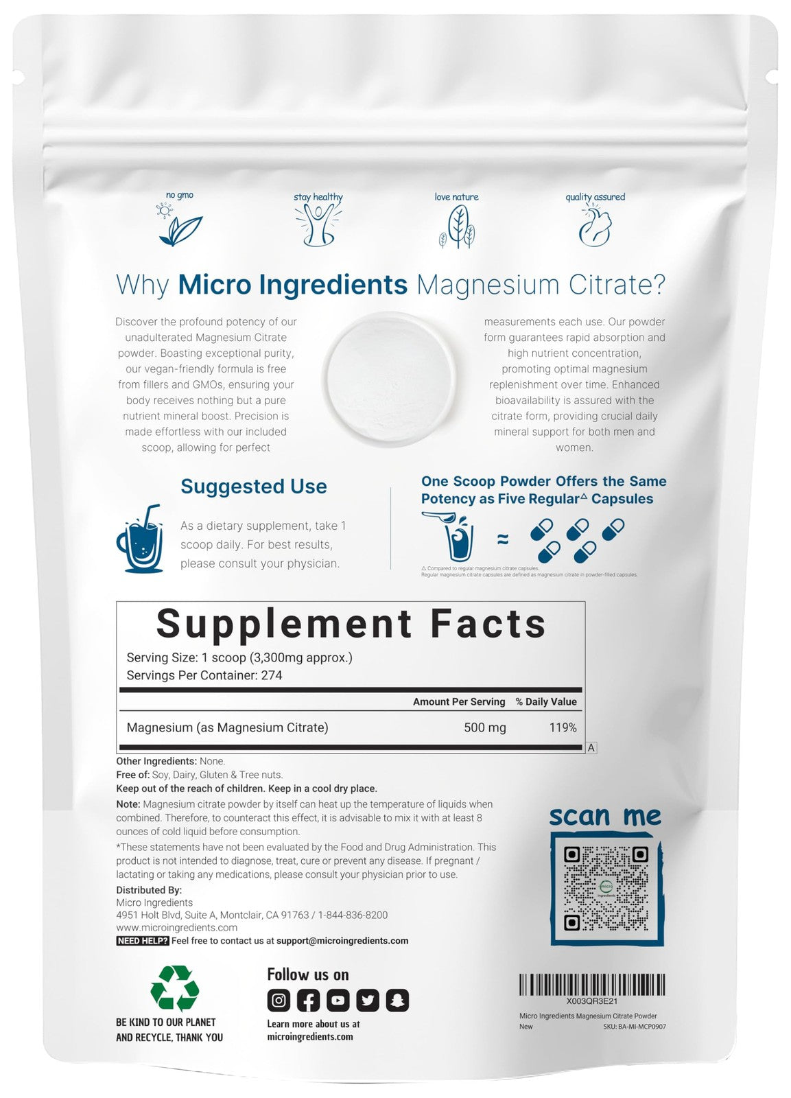 Pure Magnesium Citrate Powder (Citrato De Magnesio En Polvo), 2 Pounds