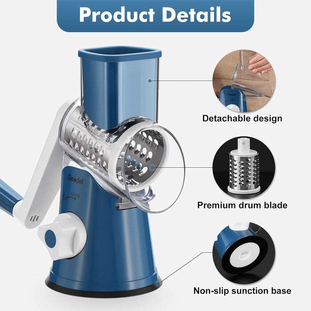 Rotary Cheese Grater, Kitchen Mandoline Vegetable Slicer with 3 Interchangeable Blades, Easy to Clean Rotary Grater Slicer for Fruit, Vegetables, Nuts