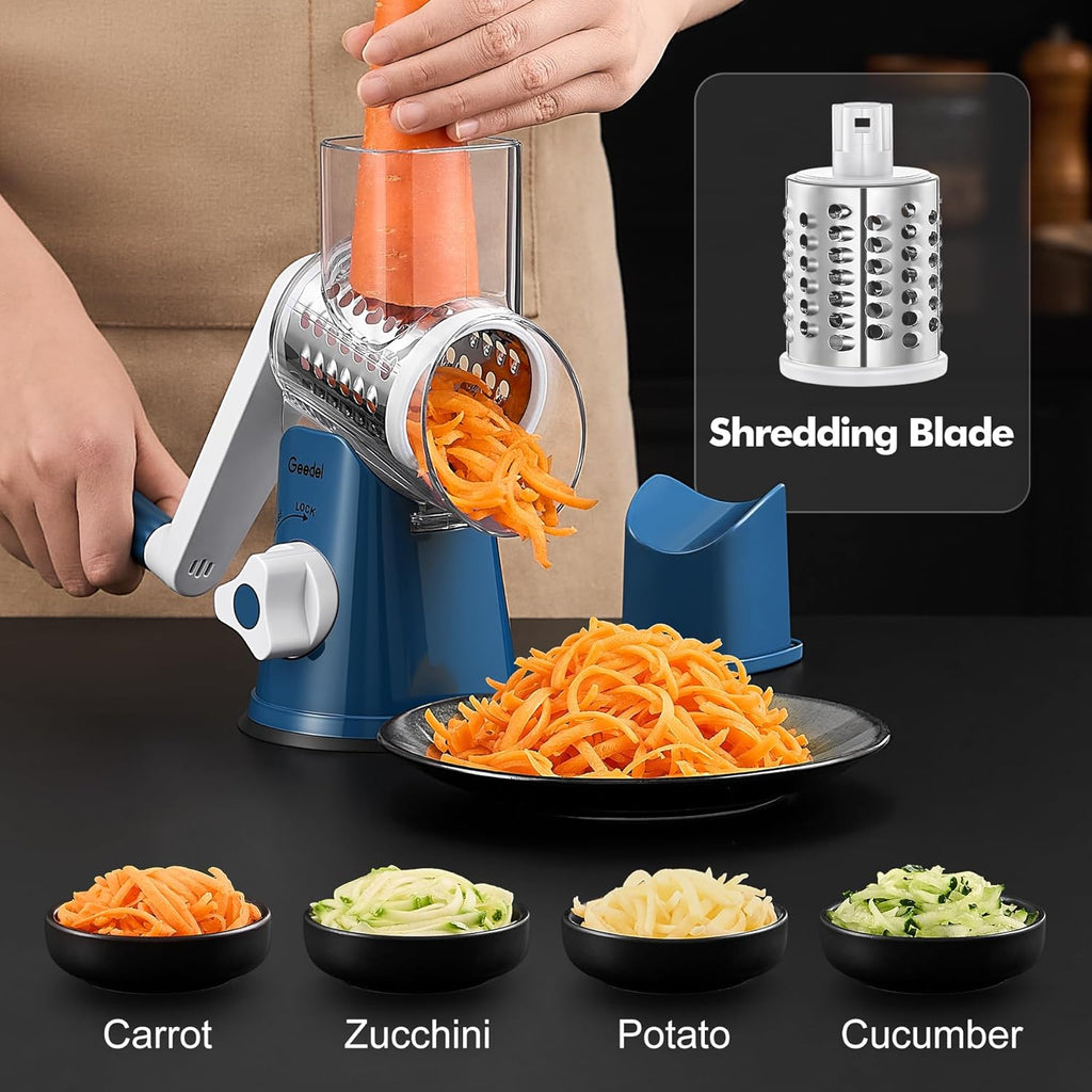 Rotary Cheese Grater, Kitchen Mandoline Vegetable Slicer with 3 Interchangeable Blades, Easy to Clean Rotary Grater Slicer for Fruit, Vegetables, Nuts